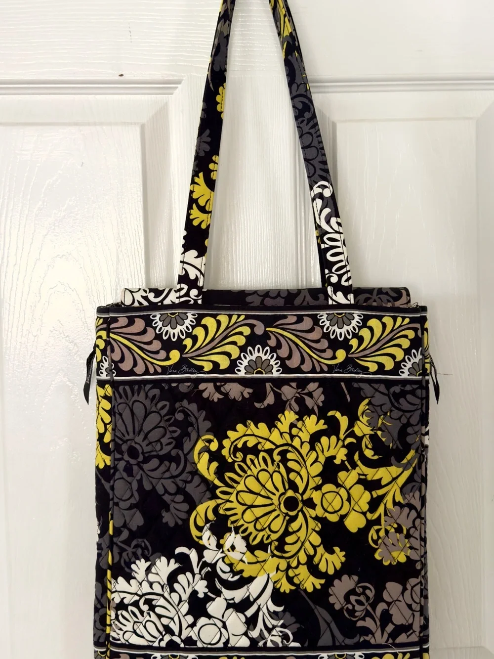 Vera Bradley Baroque Laptop Travel Tote with Yellow, Cream & Gray Floral Pattern
